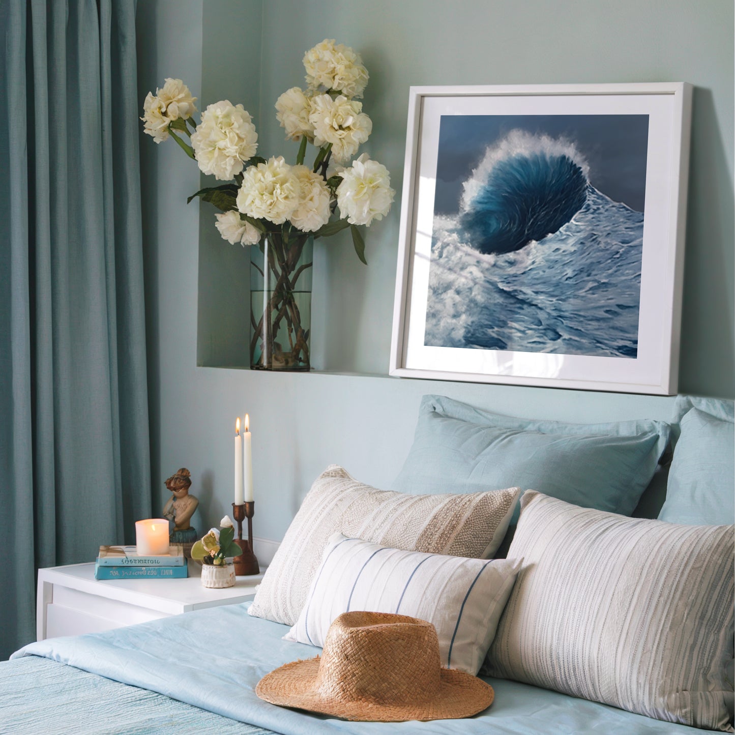 Modern contemporary seascape print featuring reflective ocean light and atmospheric blue tones by Magda Malak