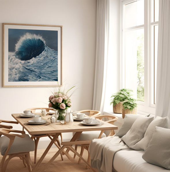 Modern contemporary seascape print featuring reflective ocean light and atmospheric blue tones by Magda Malak