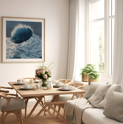 Modern contemporary seascape print featuring reflective ocean light and atmospheric blue tones by Magda Malak