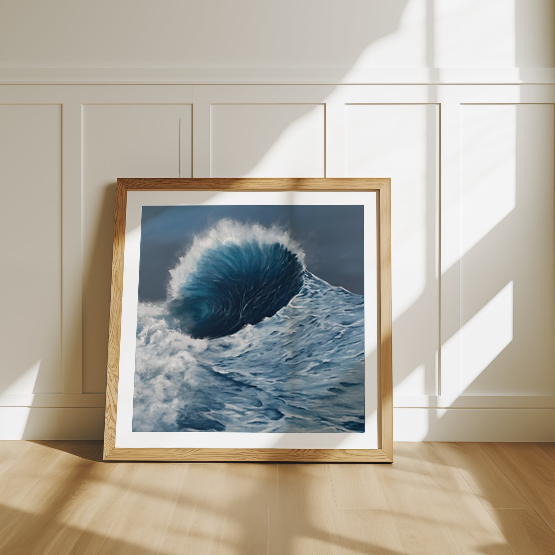 Modern contemporary seascape print featuring reflective ocean light and atmospheric blue tones by Magda Malak
