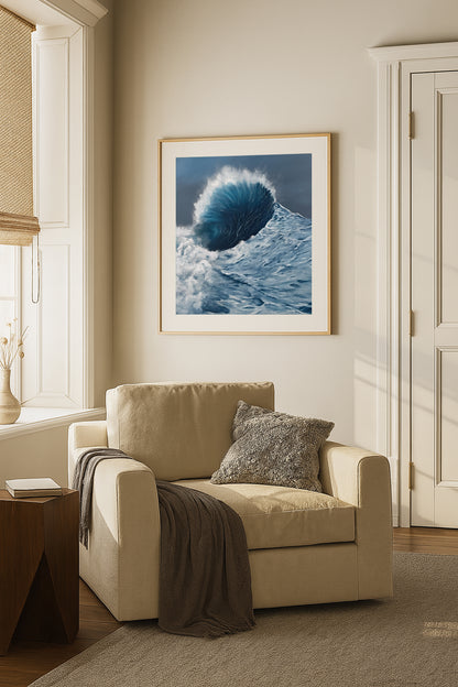 Modern contemporary seascape print featuring reflective ocean light and atmospheric blue tones by Magda Malak
