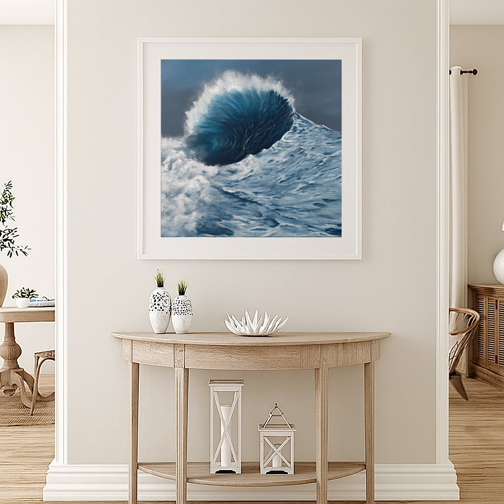 Modern contemporary seascape print featuring reflective ocean light and atmospheric blue tones by Magda Malak