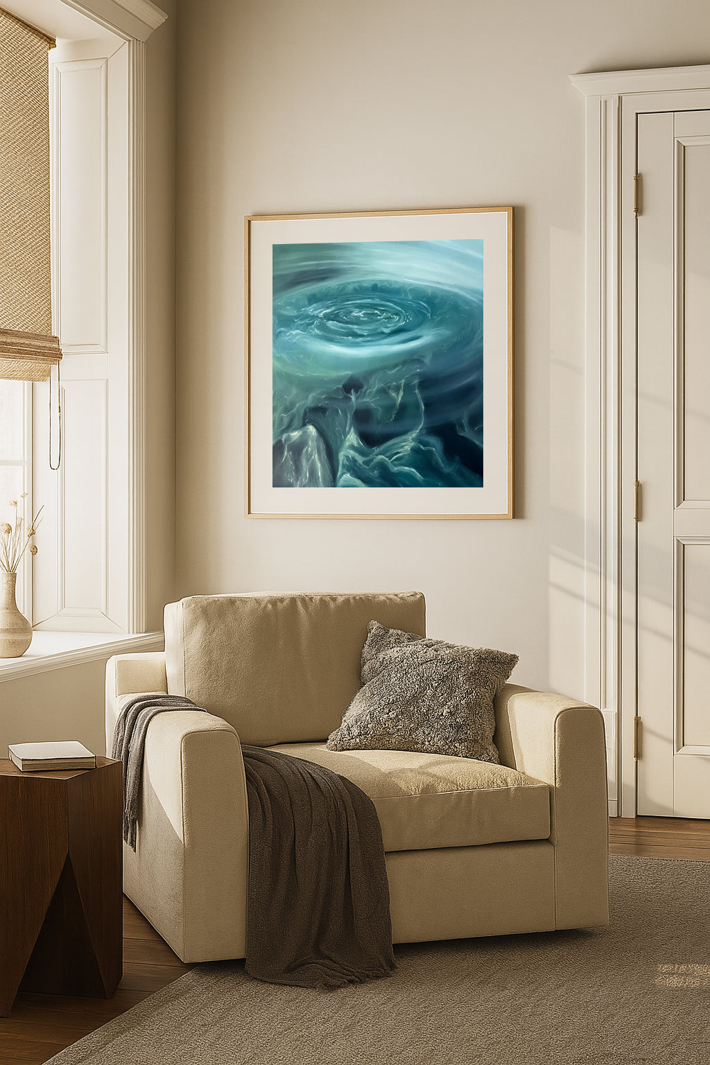 Modern contemporary seascape print featuring reflective ocean light and atmospheric blue tones by Magda Malak