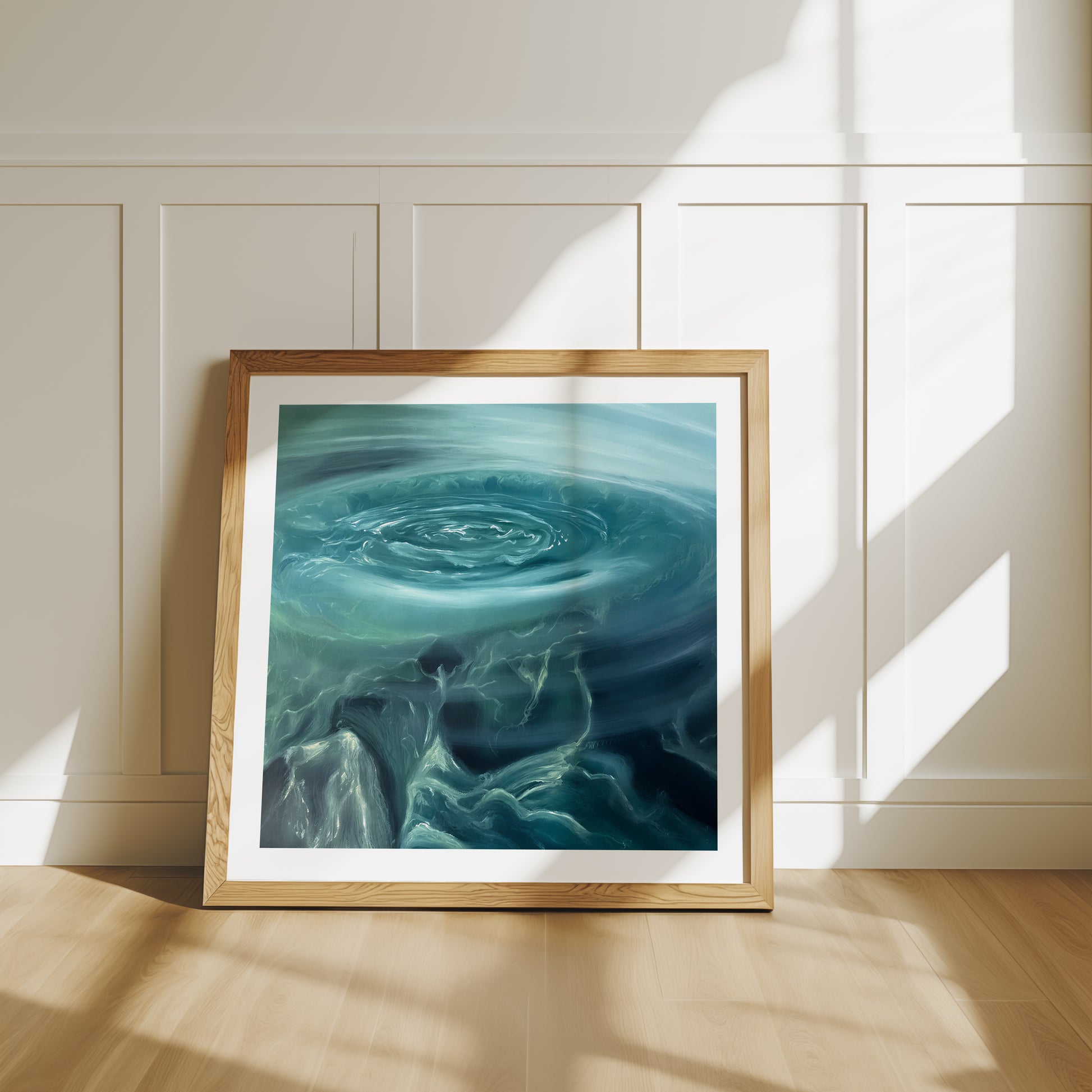 Modern contemporary seascape print featuring reflective ocean light and atmospheric blue tones by Magda Malak