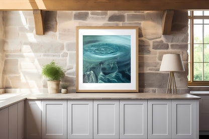 Modern contemporary seascape print featuring reflective ocean light and atmospheric blue tones by Magda Malak