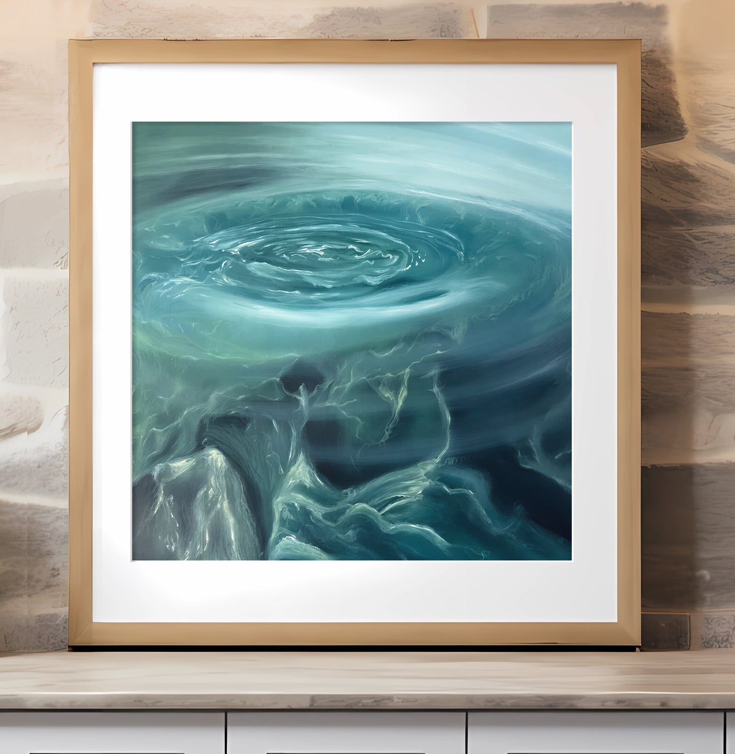 Modern contemporary seascape print featuring reflective ocean light and atmospheric blue tones by Magda Malak