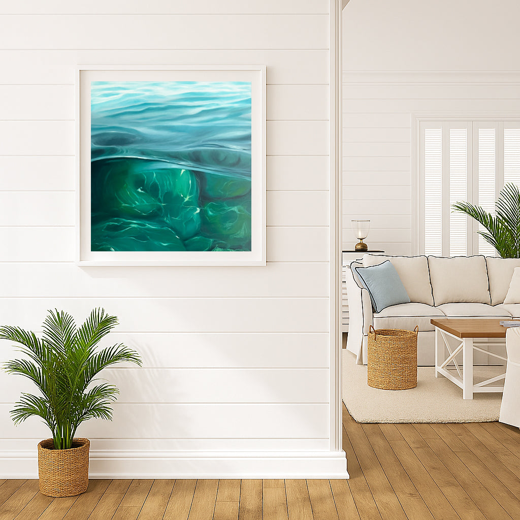 Modern contemporary seascape print featuring reflective ocean light and atmospheric blue tones by Magda Malak