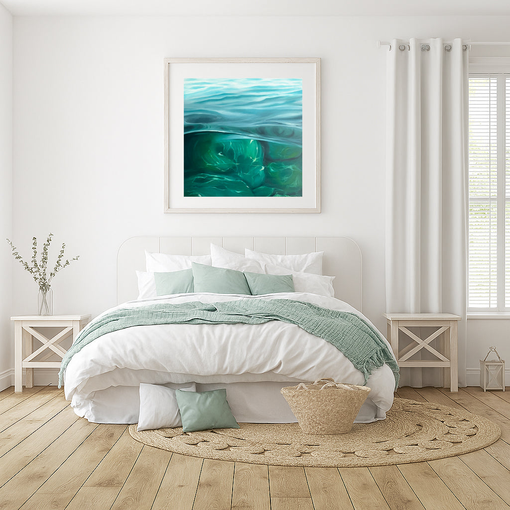 Modern contemporary seascape print featuring reflective ocean light and atmospheric blue tones by Magda Malak