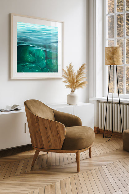 Modern contemporary seascape print featuring reflective ocean light and atmospheric blue tones by Magda Malak
