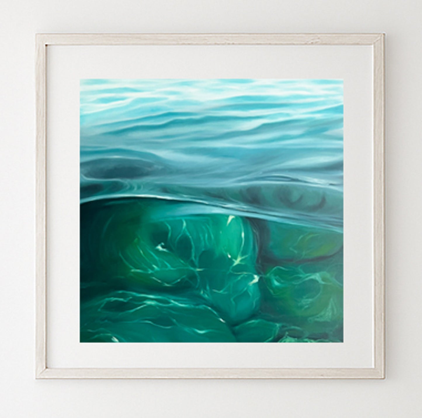 Modern contemporary seascape print featuring reflective ocean light and atmospheric blue tones by Magda Malak
