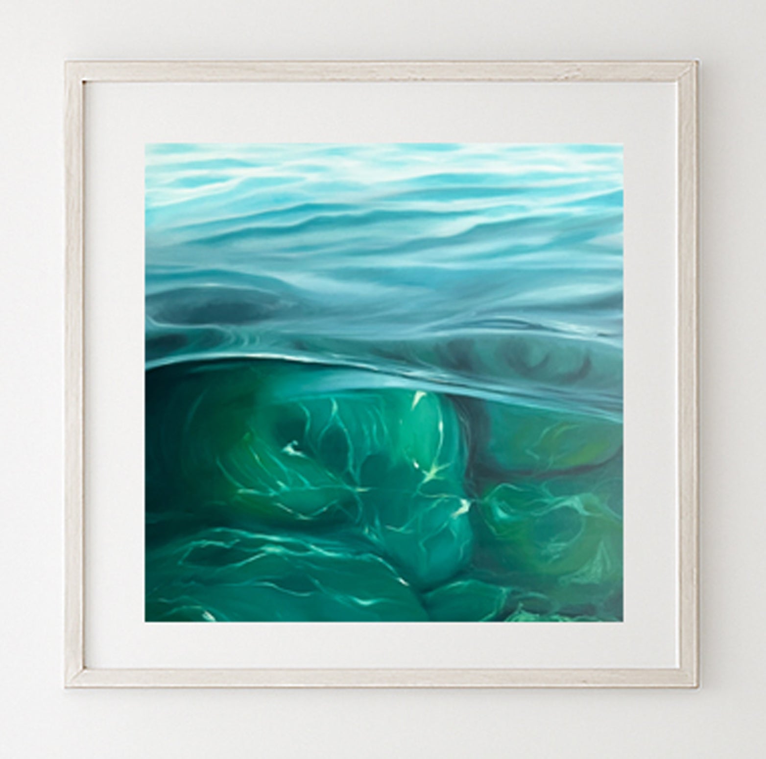 Modern contemporary seascape print featuring reflective ocean light and atmospheric blue tones by Magda Malak