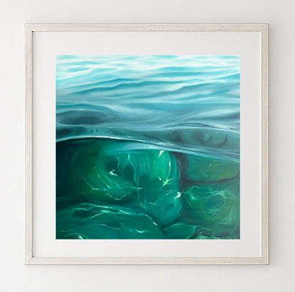 Modern contemporary seascape print featuring reflective ocean light and atmospheric blue tones by Magda Malak