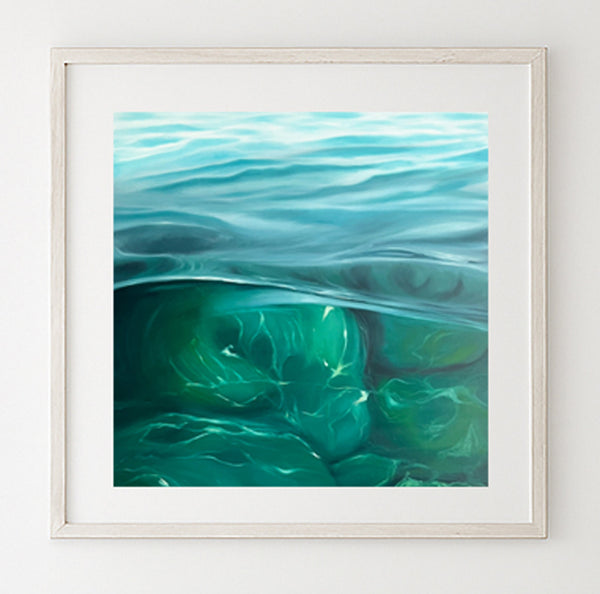 Modern contemporary seascape print featuring reflective ocean light and atmospheric blue tones by Magda Malak