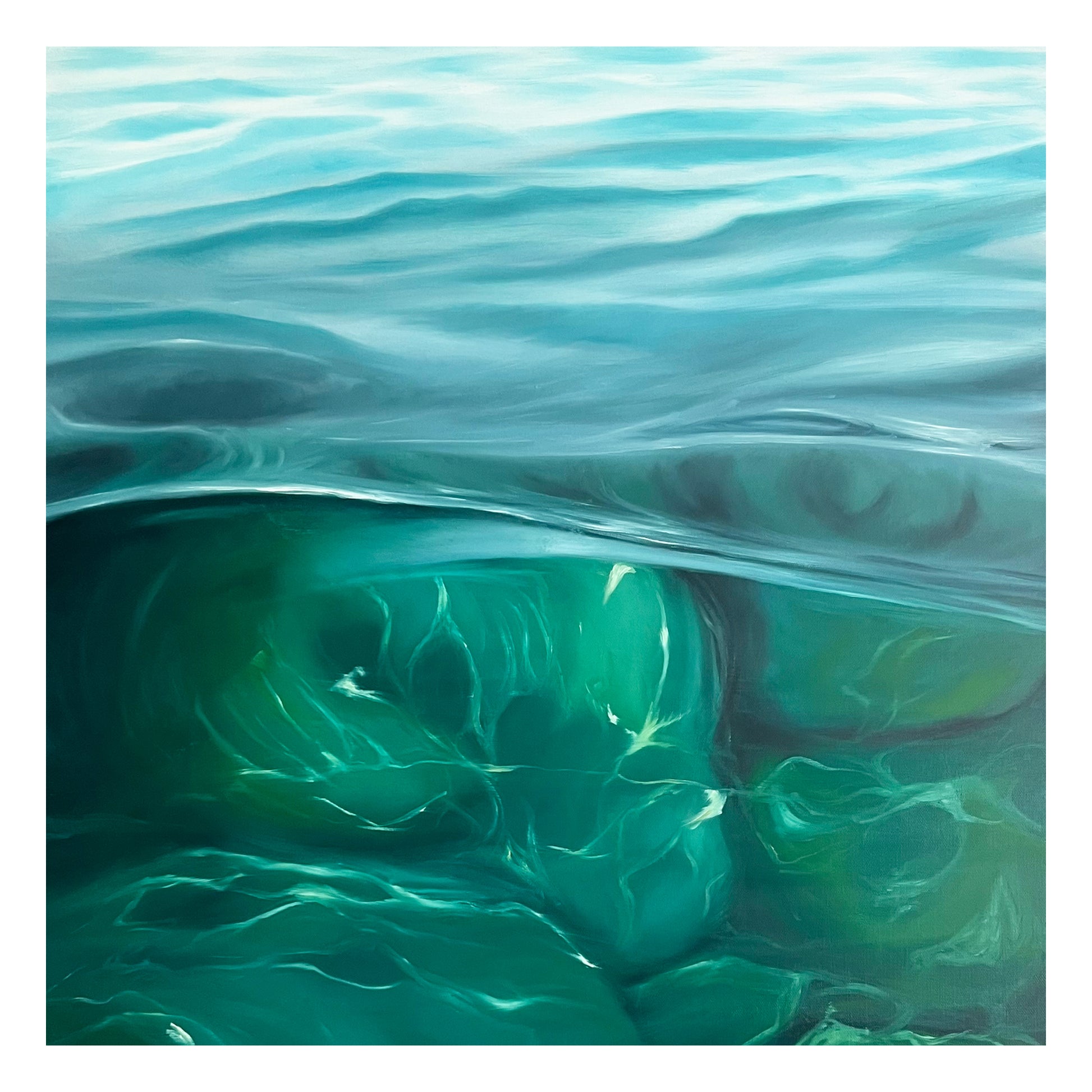 Modern contemporary seascape print featuring reflective ocean light and atmospheric blue tones by Magda Malak