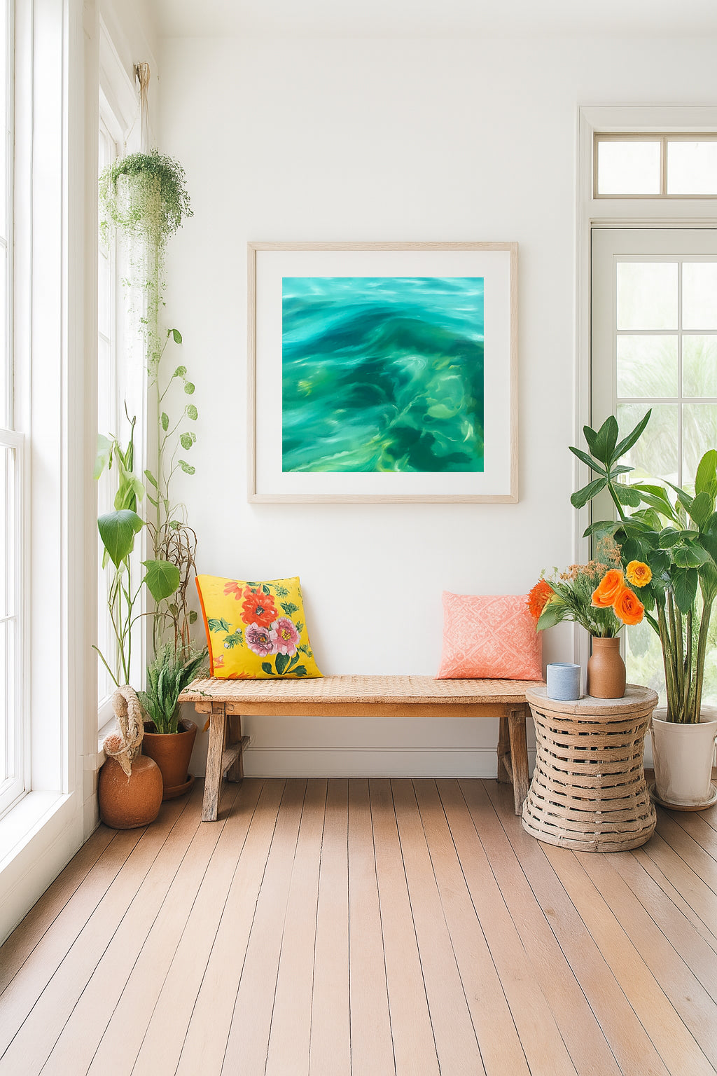 Modern contemporary seascape print featuring reflective ocean light and atmospheric blue tones by Magda Malak