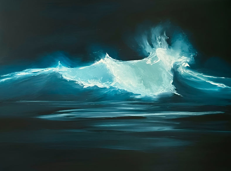 Modern contemporary seascape print featuring reflective ocean light and atmospheric blue tones by Magda Malak