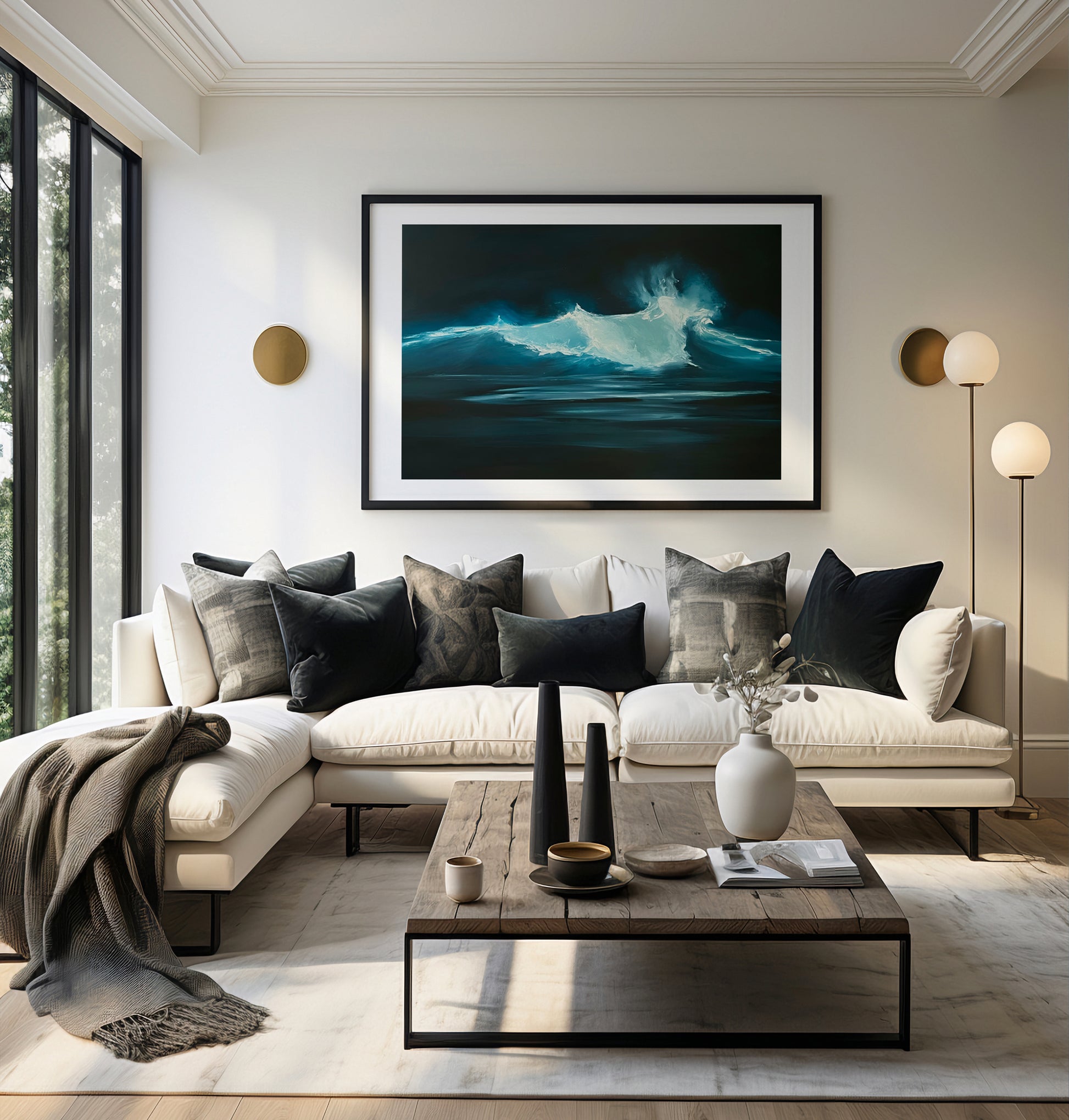 Modern contemporary seascape print featuring reflective ocean light and atmospheric blue tones by Magda Malak