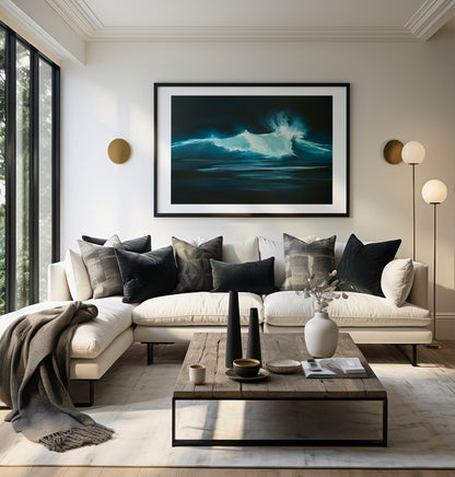 Modern contemporary seascape print featuring reflective ocean light and atmospheric blue tones by Magda Malak