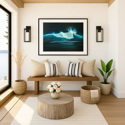 Modern contemporary seascape print featuring reflective ocean light and atmospheric blue tones by Magda Malak