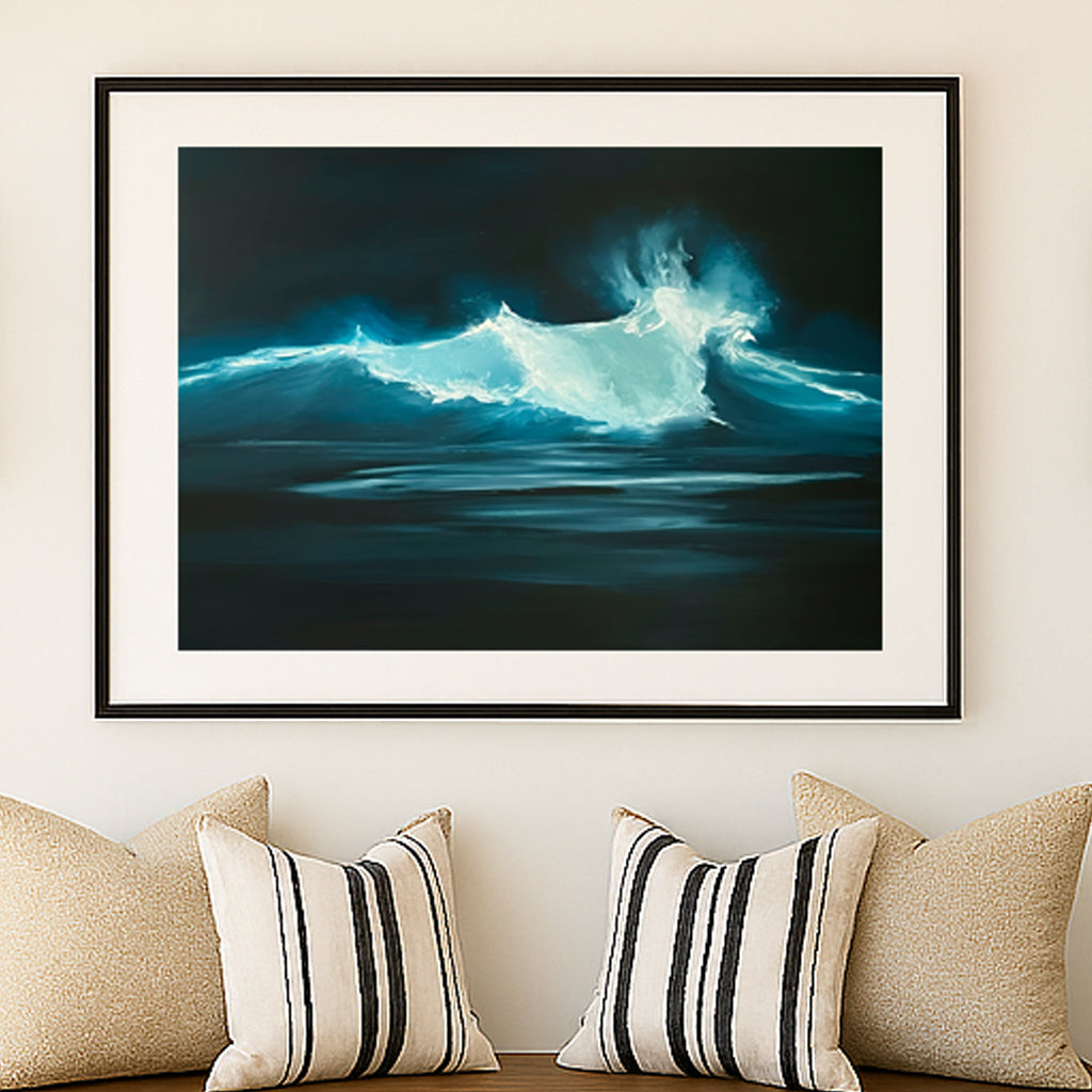 Modern contemporary seascape print featuring reflective ocean light and atmospheric blue tones by Magda Malak