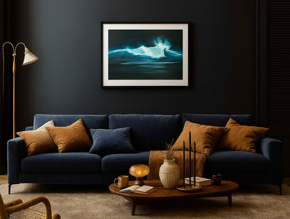 Modern contemporary seascape print featuring reflective ocean light and atmospheric blue tones by Magda Malak