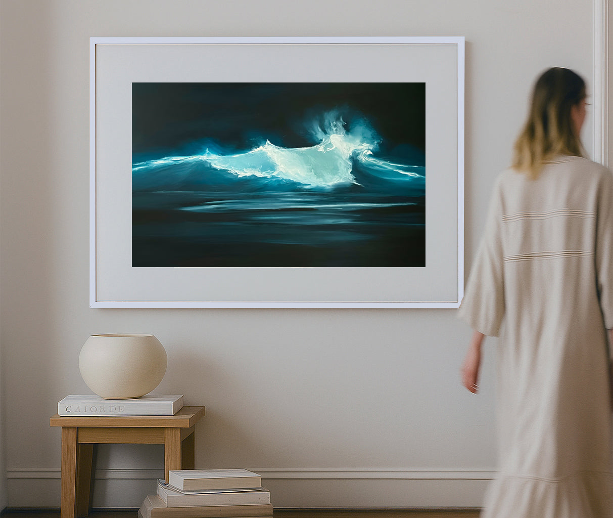 Modern contemporary seascape print featuring reflective ocean light and atmospheric blue tones by Magda Malak