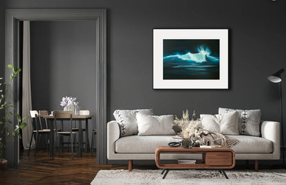 Modern contemporary seascape print featuring reflective ocean light and atmospheric blue tones by Magda Malak
