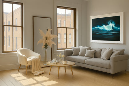 Modern contemporary seascape print featuring reflective ocean light and atmospheric blue tones by Magda Malak