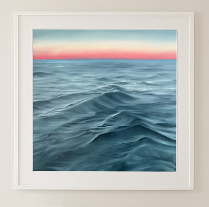 Modern contemporary seascape print featuring reflective ocean light and atmospheric blue tones by Magda Malak
