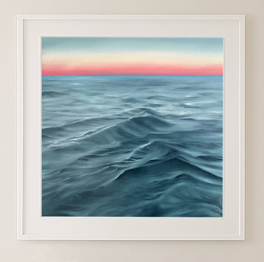 Modern contemporary seascape print featuring reflective ocean light and atmospheric blue tones by Magda Malak