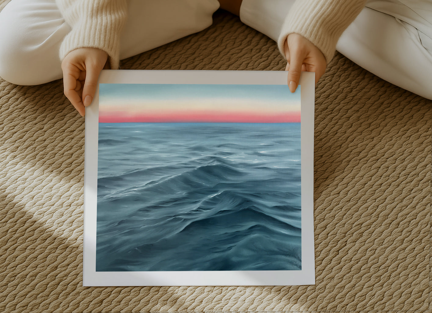 Modern contemporary seascape print featuring reflective ocean light and atmospheric blue tones by Magda Malak