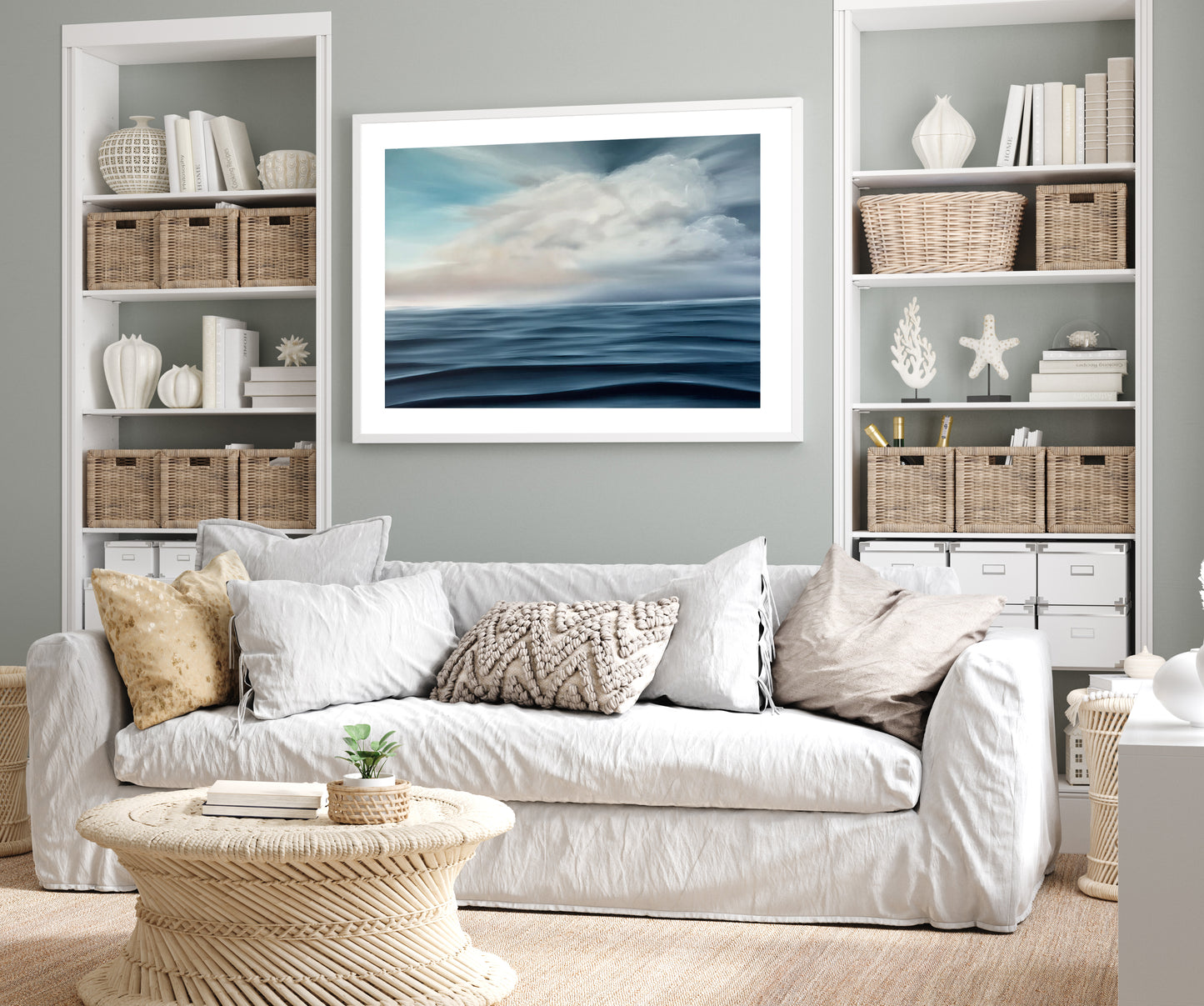 Modern contemporary seascape print featuring reflective ocean light and atmospheric blue tones by Magda Malak