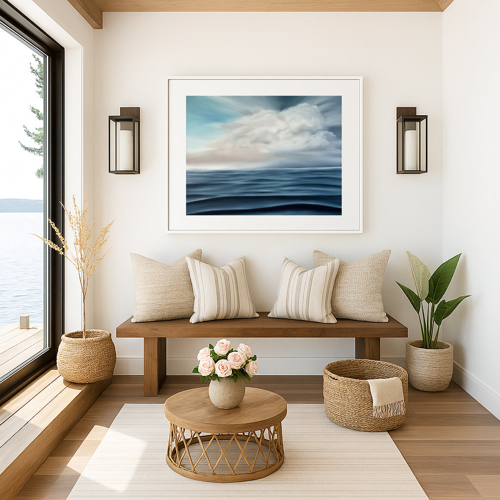 Modern contemporary seascape print featuring reflective ocean light and atmospheric blue tones by Magda Malak