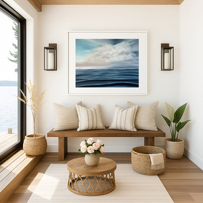 Modern contemporary seascape print featuring reflective ocean light and atmospheric blue tones by Magda Malak