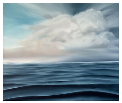 Modern contemporary seascape print featuring reflective ocean light and atmospheric blue tones by Magda Malak