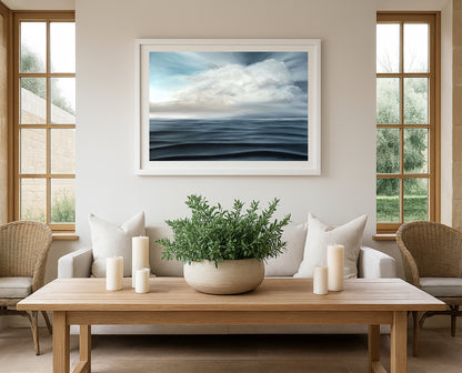 Modern contemporary seascape print featuring reflective ocean light and atmospheric blue tones by Magda Malak