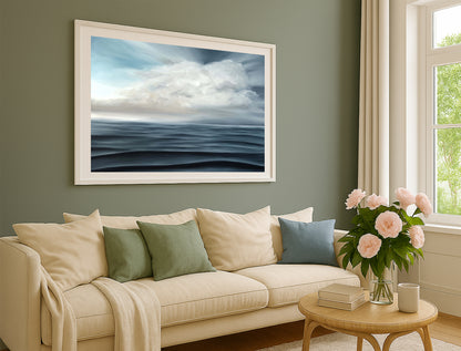Modern contemporary seascape print featuring reflective ocean light and atmospheric blue tones by Magda Malak