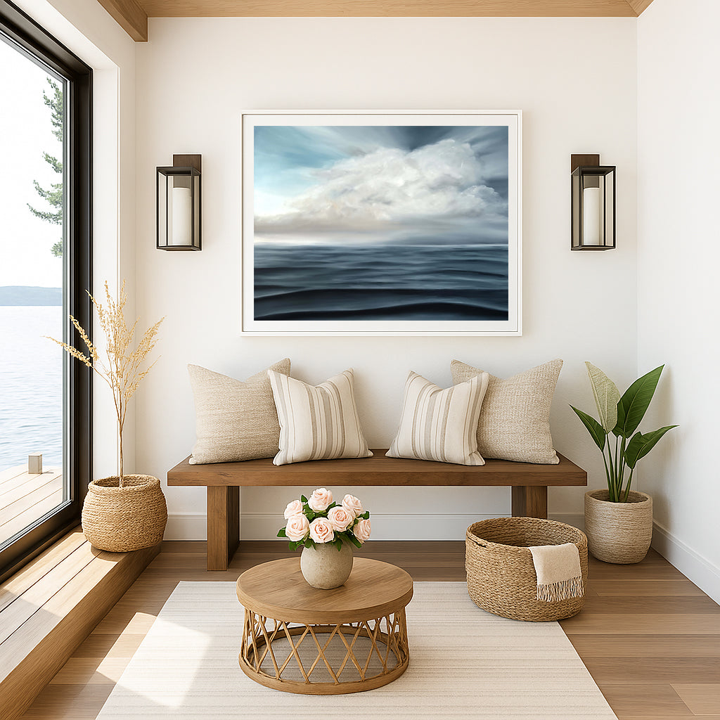 Modern contemporary seascape print featuring reflective ocean light and atmospheric blue tones by Magda Malak