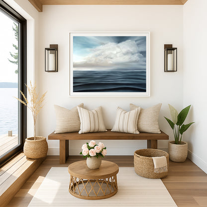 Modern contemporary seascape print featuring reflective ocean light and atmospheric blue tones by Magda Malak