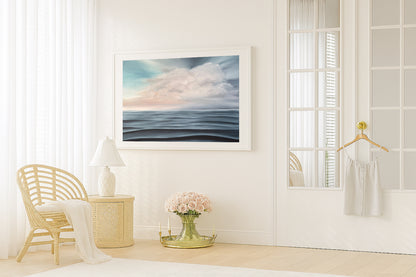 Modern contemporary seascape print featuring reflective ocean light and atmospheric blue tones by Magda Malak