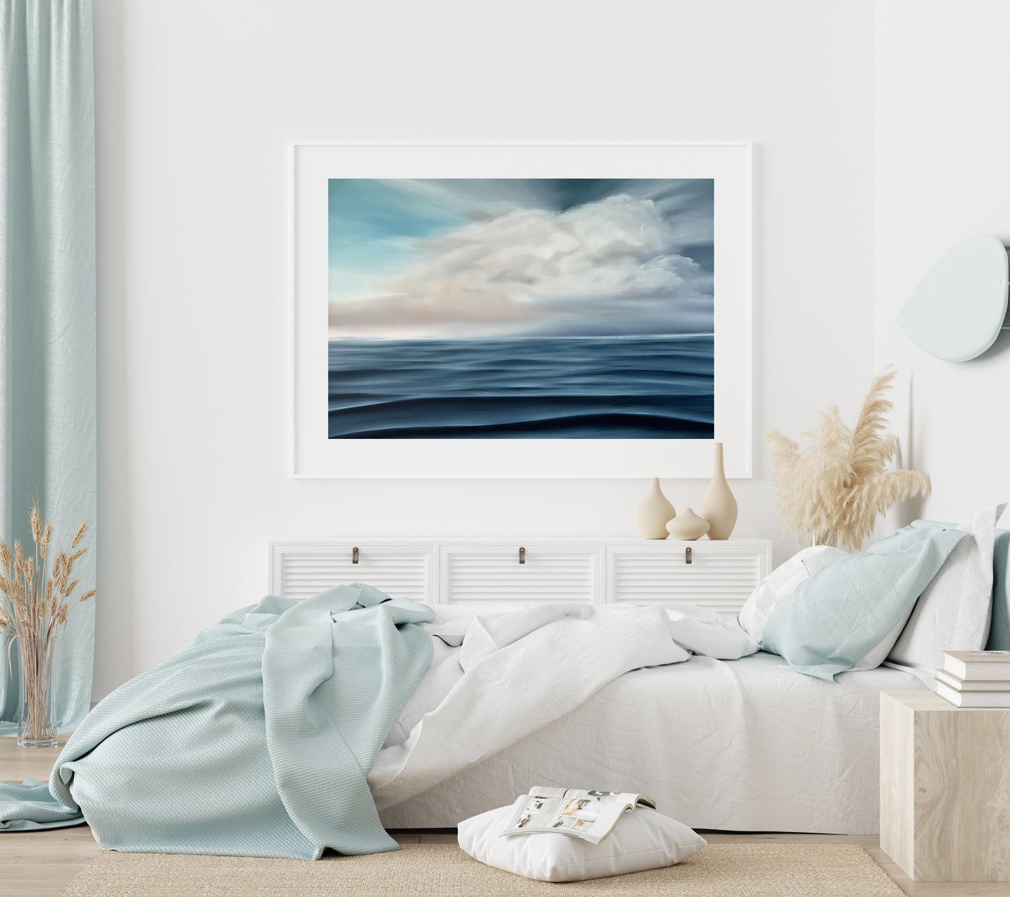 Modern contemporary seascape print featuring reflective ocean light and atmospheric blue tones by Magda Malak