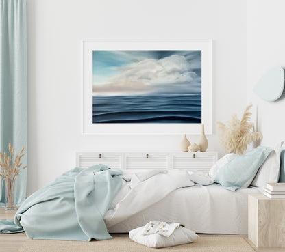 Modern contemporary seascape print featuring reflective ocean light and atmospheric blue tones by Magda Malak