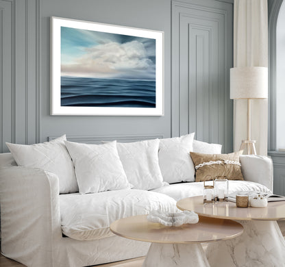 Modern contemporary seascape print featuring reflective ocean light and atmospheric blue tones by Magda Malak