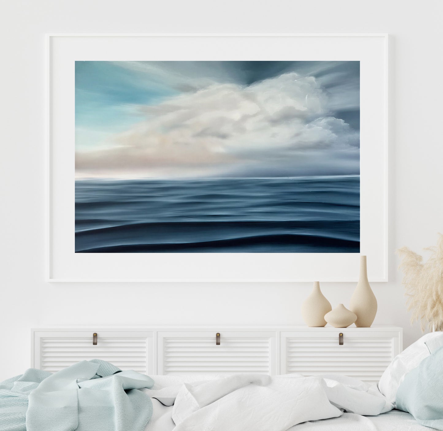 Modern contemporary seascape print featuring reflective ocean light and atmospheric blue tones by Magda Malak