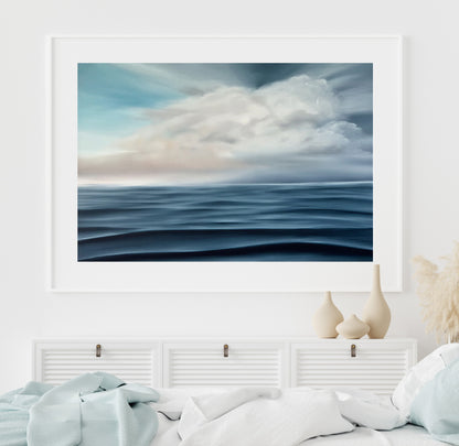 Modern contemporary seascape print featuring reflective ocean light and atmospheric blue tones by Magda Malak
