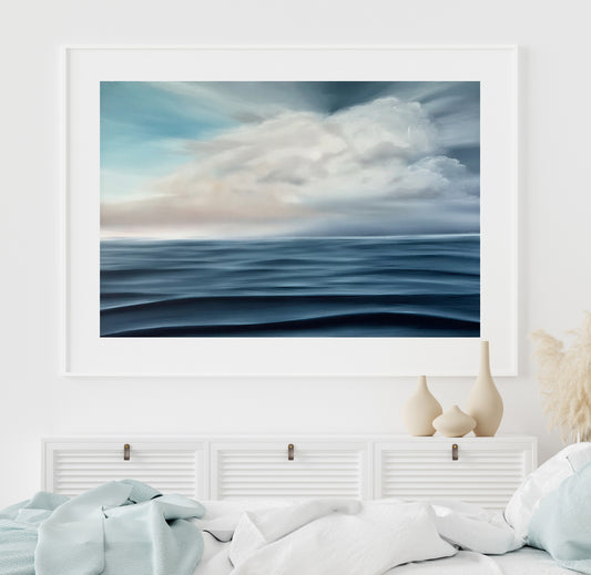 Modern contemporary seascape print featuring reflective ocean light and atmospheric blue tones by Magda Malak