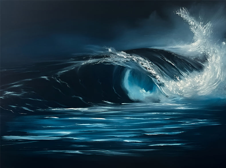 Modern contemporary seascape print featuring reflective ocean light and atmospheric blue tones by Magda Malak