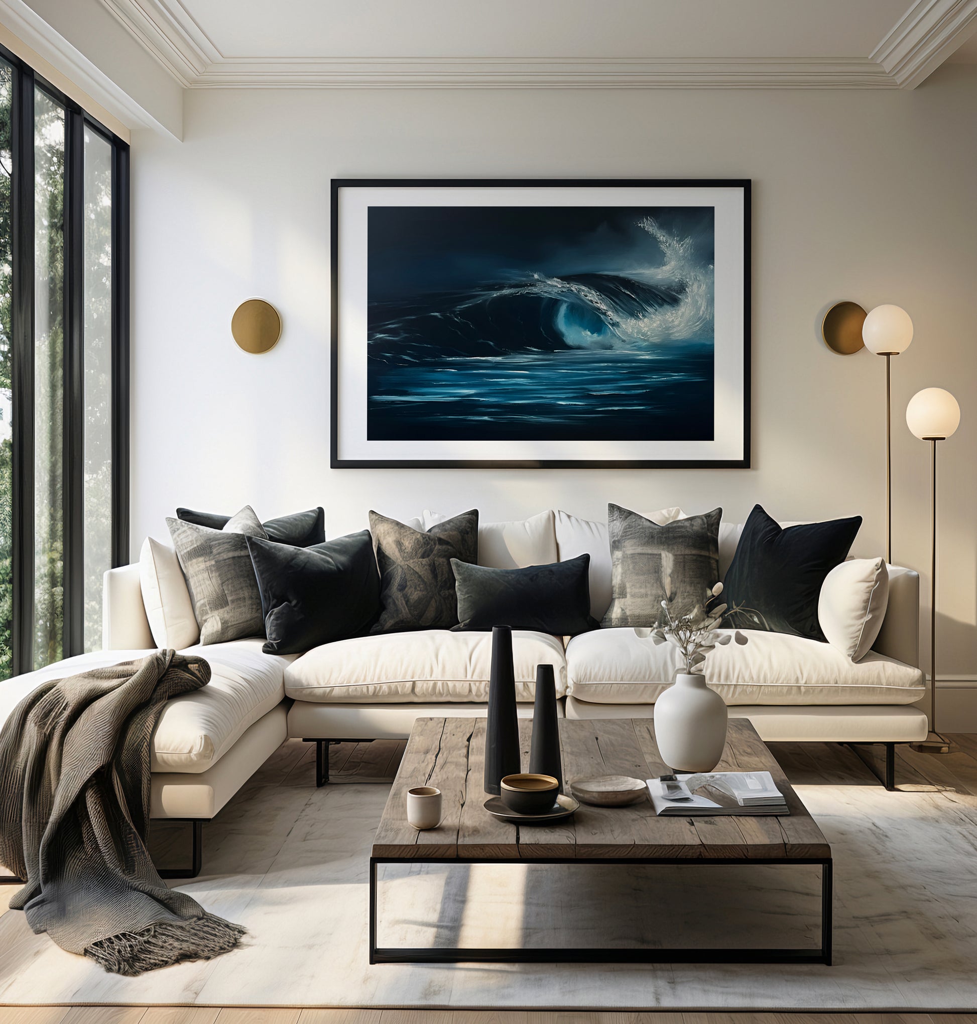 Modern contemporary seascape print featuring reflective ocean light and atmospheric blue tones by Magda Malak