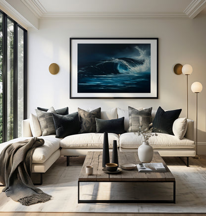 Modern contemporary seascape print featuring reflective ocean light and atmospheric blue tones by Magda Malak