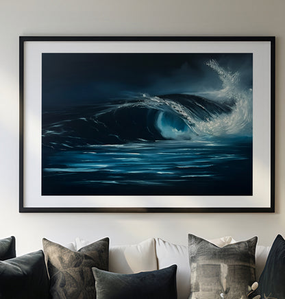 Modern contemporary seascape print featuring reflective ocean light and atmospheric blue tones by Magda Malak